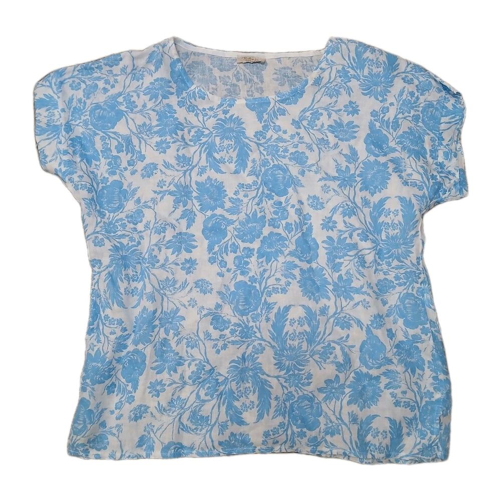 Bellambia Women’s Blouse M Blue White Floral Print 100% Linen‎ Coastal Resort